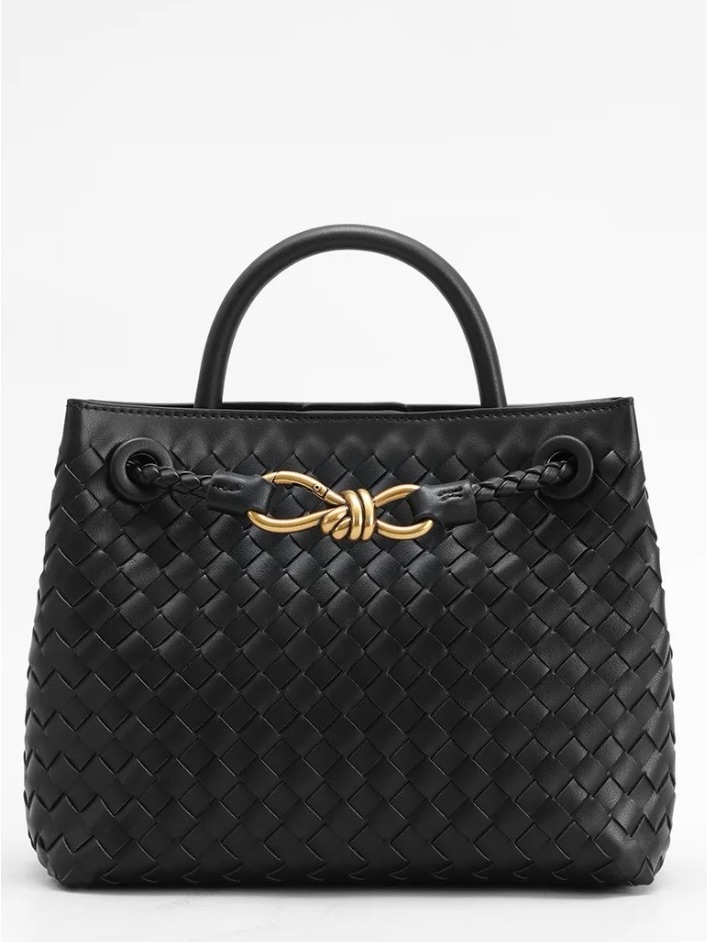 Woven Leather Top-Handle Tote With Gold Knot Accent